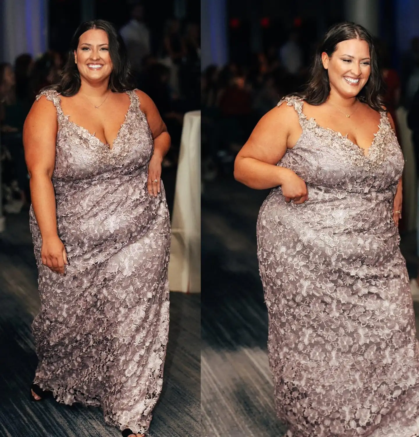 Model Marisa Lyn walks the runway at HumanKind's 2023 Boston Fashion Week show called Boston Embraces the Curve, which featured plus-size models.