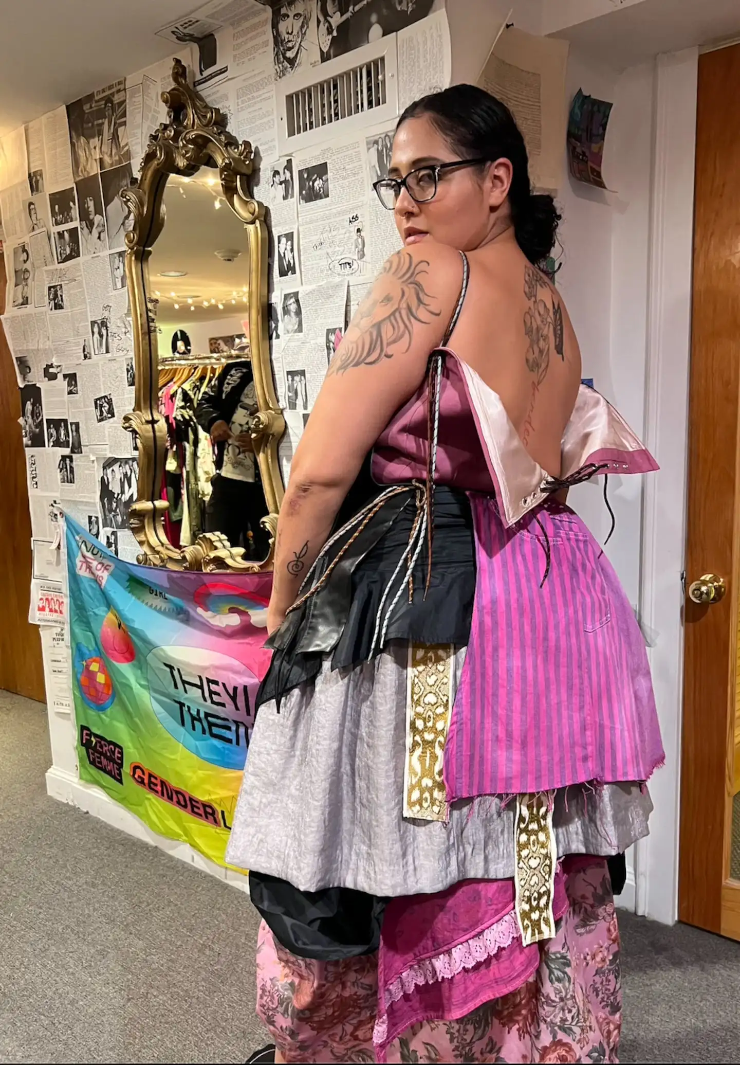 A design from Obscur, run by Becca Parker, and modeled by Nicole Kamara Polanco. The gown is made out of secondhand clothing sourced from Diversity Consignment.