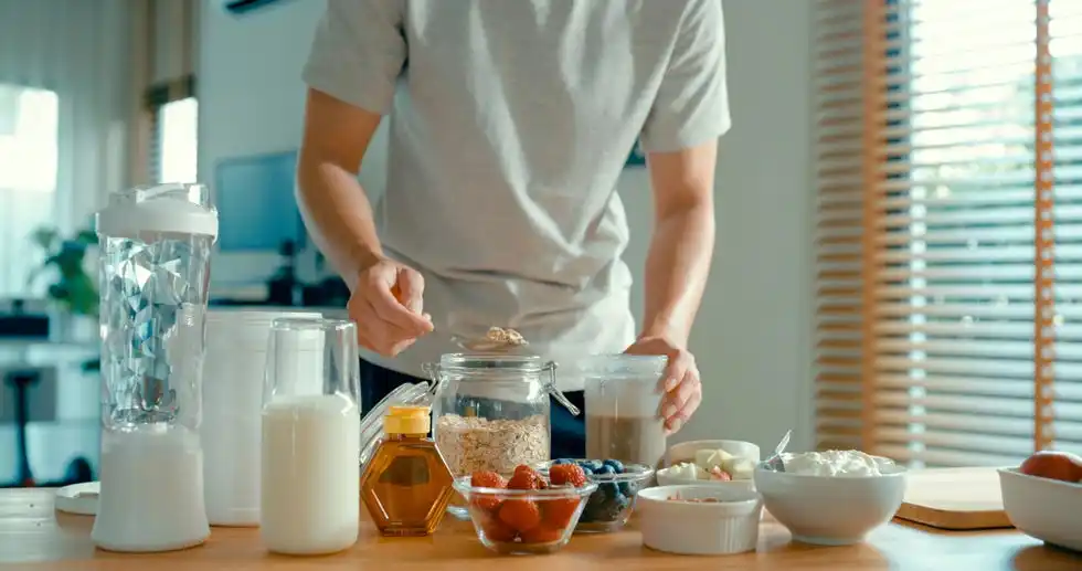 closeup of young asian man preparing protein shake at modern home diet and healthy food morning routine