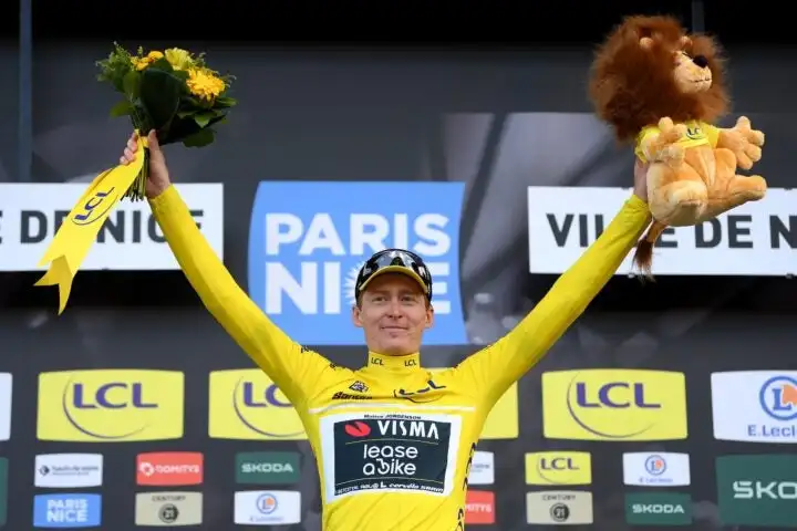 NICE, FRANCE - MARCH 10: Matteo Jorgenson of The United States and Team Visma | Lease a Bike celebrates at podium as Yellow leader jersey winner during the 82nd Paris - Nice 2024, Stage 8 a 109.3km stage from Nice to Nice / #UCIWT / on March 10, 2024 in Nice, France. (Photo by Alex Broadway/Getty Images)