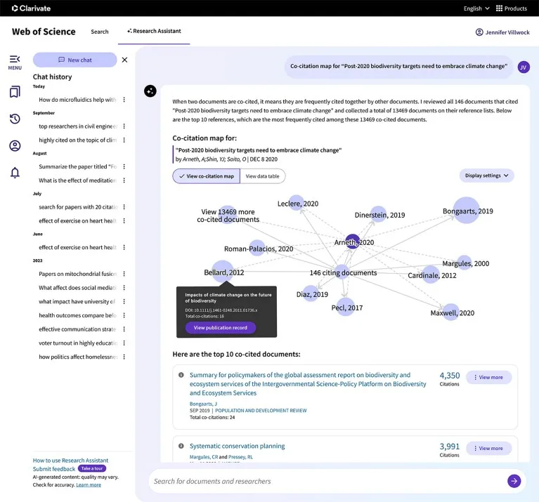 Screenshot of the interface for the Web of Science platform by Clarivate.