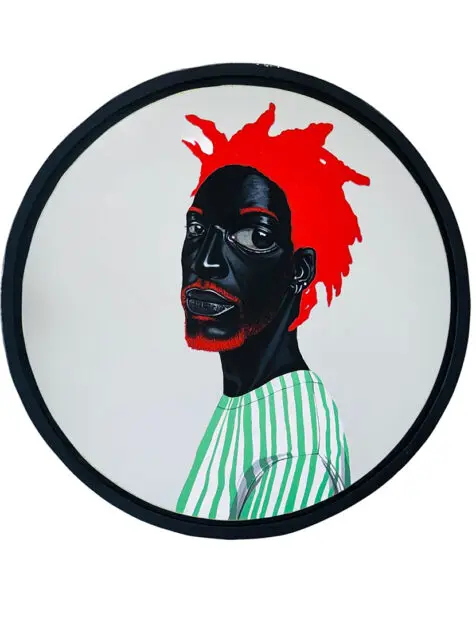 A photograph of a painting by Sesse Elangwe featuring a stylized portrait.