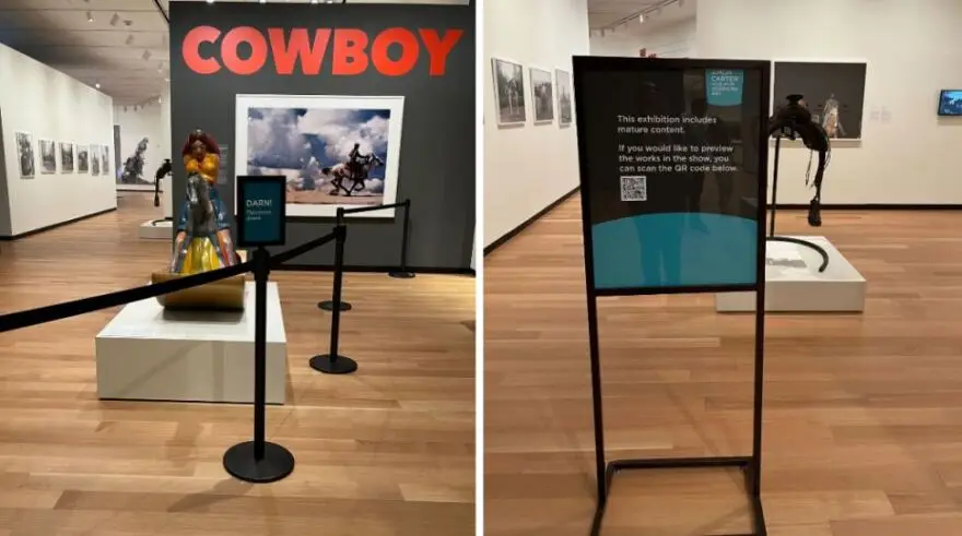 On left: “Cowboy,” the current marquee exhibition at the Amon Carter Museum of American Art, was temporarily closed during the museum’s monthly “Second Thursdays” event on Oct. 11, 2024. On right: A sign warns patrons of “mature content” on Oct. 13, 2024.