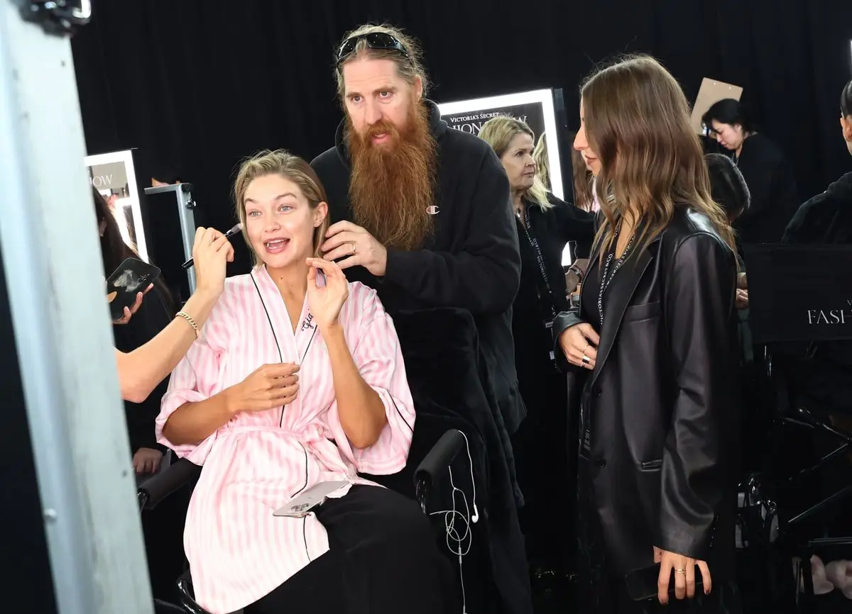 Gigi Hadid prepares backstage at the Victoria's Secret Fashion Show 2024 on October 15, 2024 in New York City. (Photo by Arturo Holmes/Getty Images for Victoria's Secret)