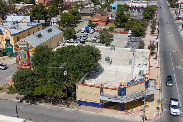 An aerial photograph of the Guadalupe Cultural Arts Center.