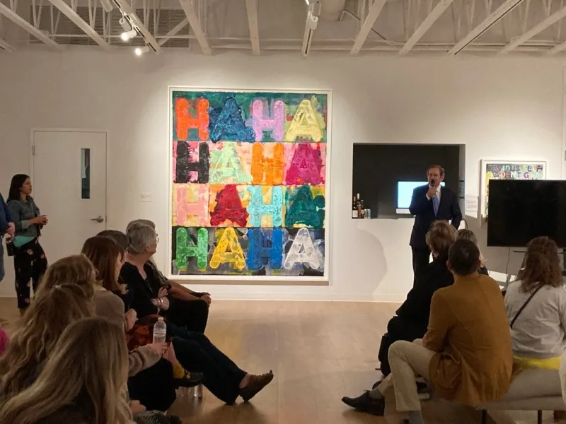 Schnitzer addresses a group of art educators touring the Mel Bochner exhibit at the Schnitzer Collection. Photo: Amanda Waldroupe