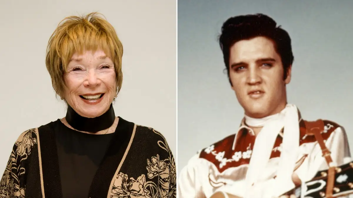 Actors Shirley MacLaine and Elvis Presley pose for photos.