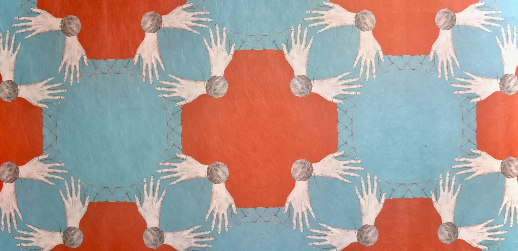 a fabric shows a pattern of hands, circles and plus signs