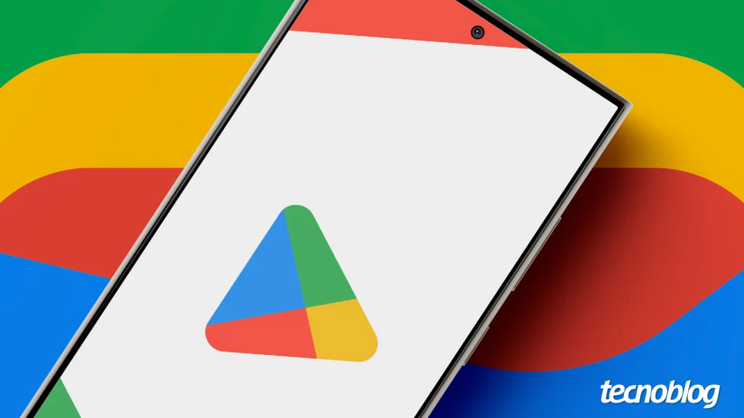 Fundo com as cores do Google nas laterais, branco no centro e um smartphone exibindo o logo da Play Store