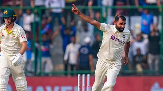 Indian bowler Mohammed Shami celebrates the wicket of Australian batter Matthew Kuhnemann during the first day of the 2nd test cricket match(PTI)