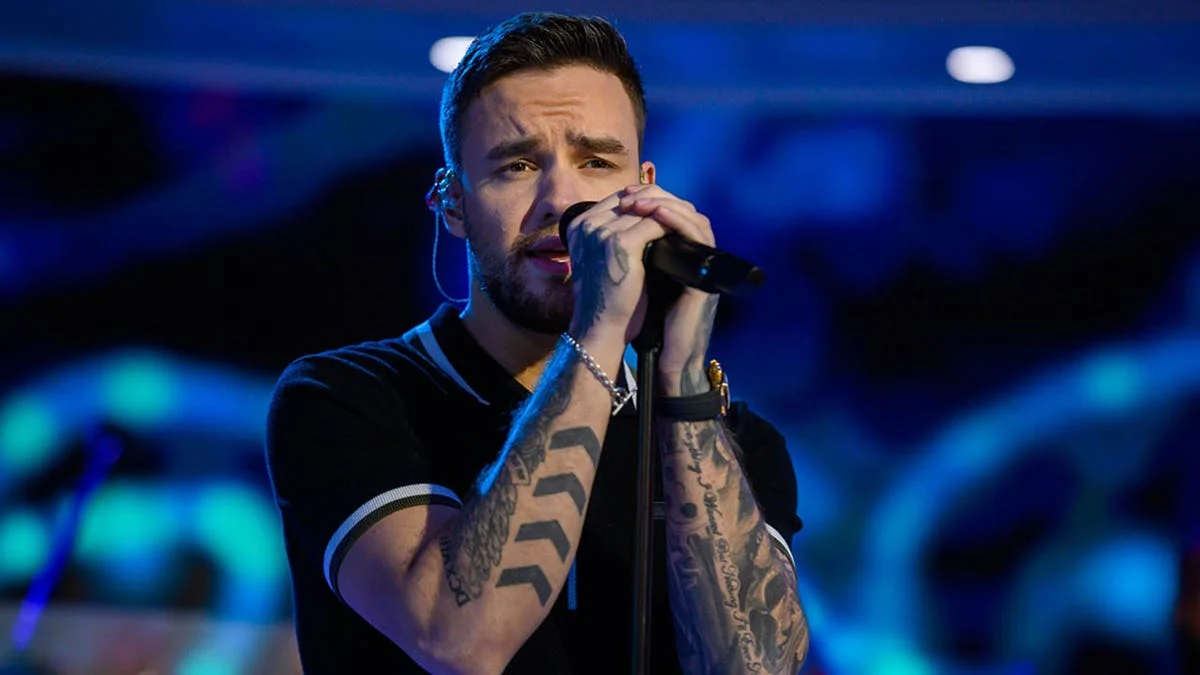 Singer Liam Payne sings into a microphone during concert.