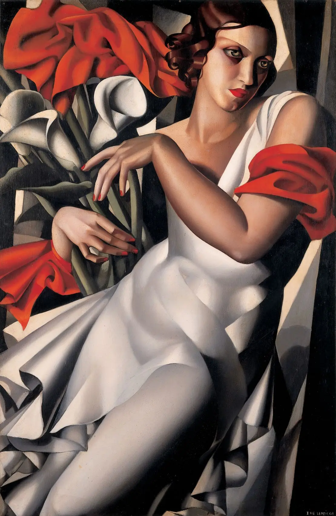 Preparatory drawings for this portrait of poet Ira Perrot show she was originally presented nude, but Lempicka eventually settled on a silky, fashionable white dress. Lempicka and the poet were romantically involved for years in Paris.