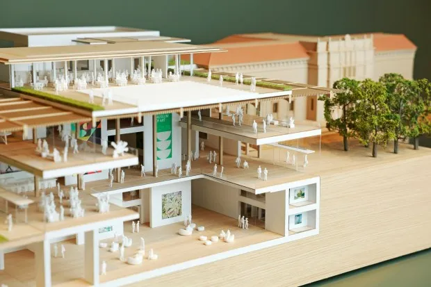 The San Diego Museum of Art in Balboa Park with have an early concept design for the museum's West Wing on display. Here, a model showing a cross section of the concept is shown on Oct. 16, 2024. (K.C. Alfred / The San Diego Union-Tribune)