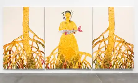 Triptych of yellow mangrove trees and a woman in the center.