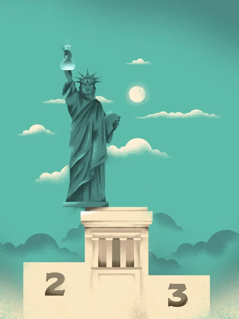 Cartoon showing the Statue of Liberty holding a scientific flask teetering on the edge of a first place podium.