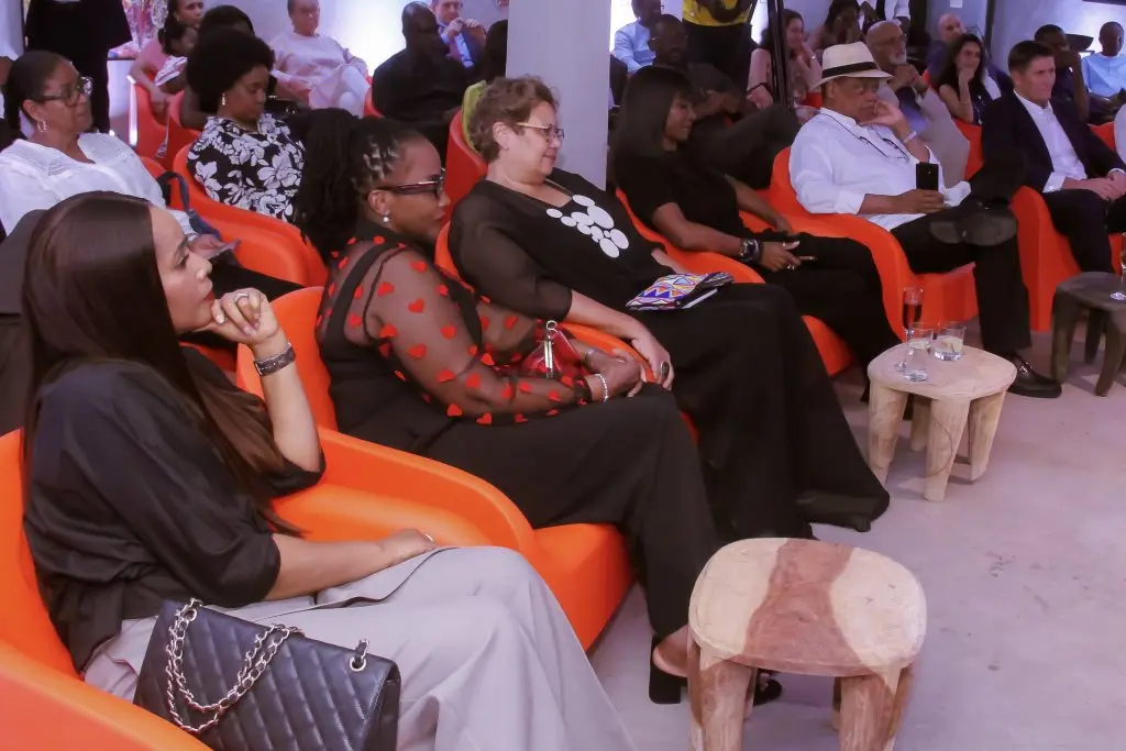 L-R: Ifeoma Ajogwu, CEO of DesignSpace; Diana Nwandu, CEO of Volkano Productions; Sandra Obiago, Founder and Director of SMO Contemporary Art; Dudun Peterside, CEO of Narita Learning; Atedo Peterside CON, Founder of Stanbic IBTC Bank; Roger Brown, CEO of Seplat Energy; and other guests at MILIKI, engaged in the reading of Creating Art: Authenticity and Ownership in the Visual Arts