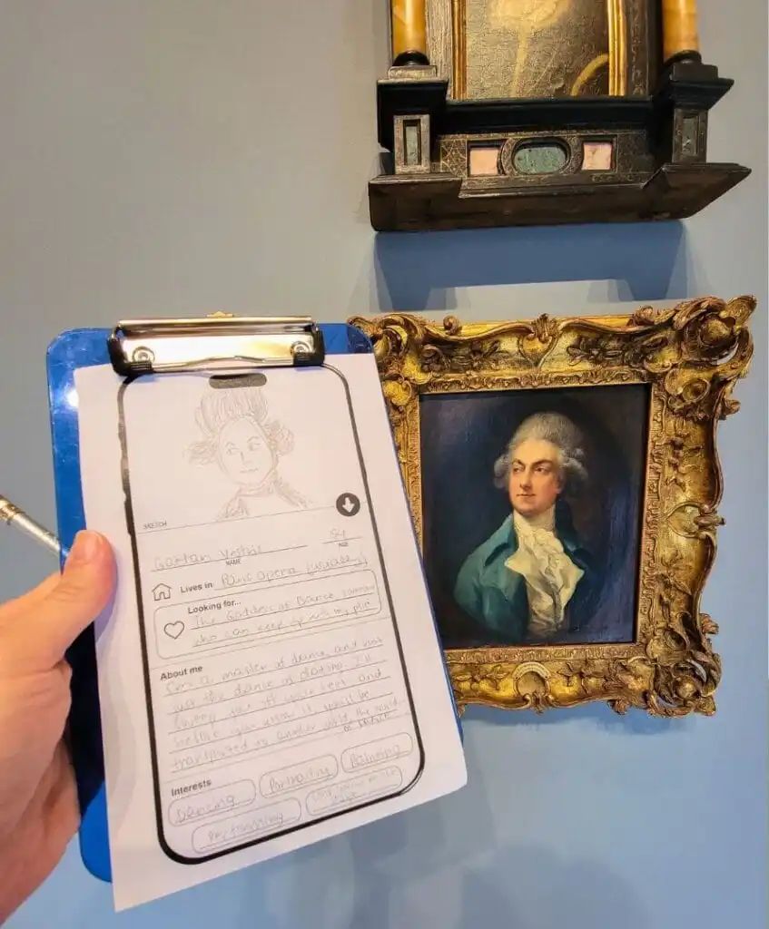 Holding a small clipboard with a sheet of paper to image a dating profile for a person in an historical painting at Rollins Museum of Art