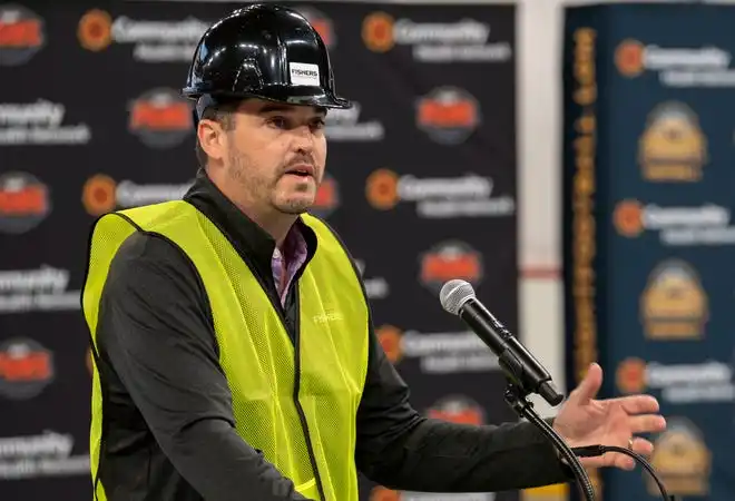 Mitch List, general manager of Fishers Event Center, speaks during a press conference as construction continues Thursday, Oct. 24, 2024, at Fishers Event Center in Fishers, Ind. The new venue opens next month and will feature sporting and entertainment events.