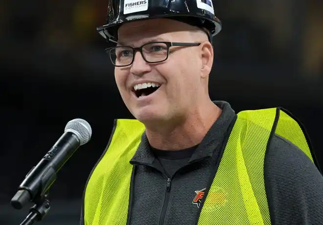 Sean Hallett, co-CEO of Hallet Sports and Entertainment, speaks during a press conference as construction continues Thursday, Oct. 24, 2024, at Fishers Event Center in Fishers, Ind. The new venue opens next month and will feature sporting and entertainment events.