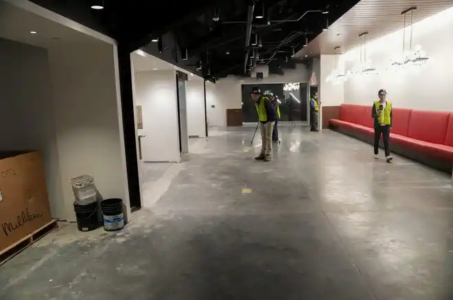 Construction continues as media members tour the Premium Club on Thursday, Oct. 24, 2024, at Fishers Event Center in Fishers, Ind. The new venue opens next month and will feature sporting and entertainment events.