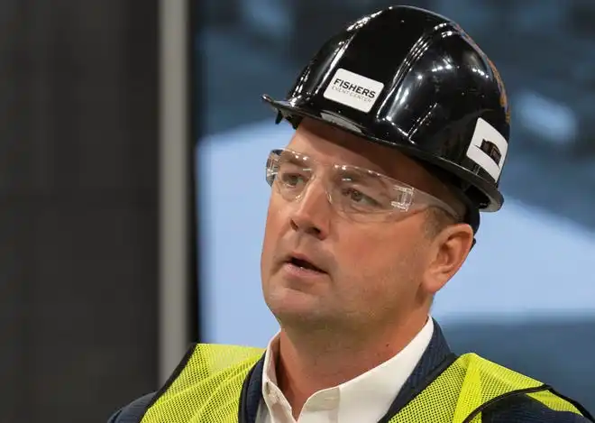 Mayor of Fishers Scott Fadness speaks during a press conference as construction continues Thursday, Oct. 24, 2024, at Fishers Event Center in Fishers, Ind. The new venue opens next month and will feature sporting and entertainment events.