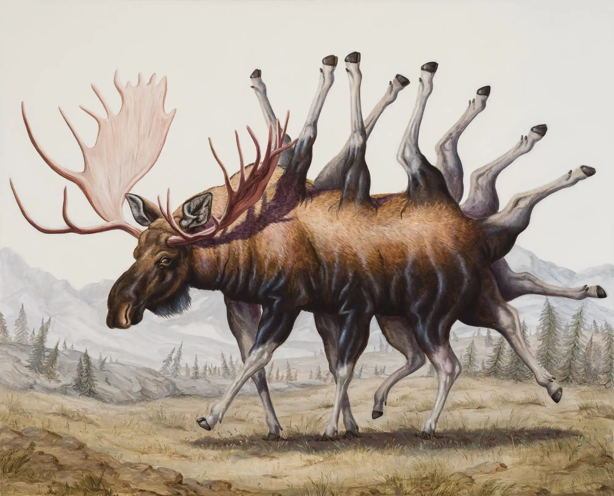 an oil painting of a moose with numerous additional legs on its back and rear