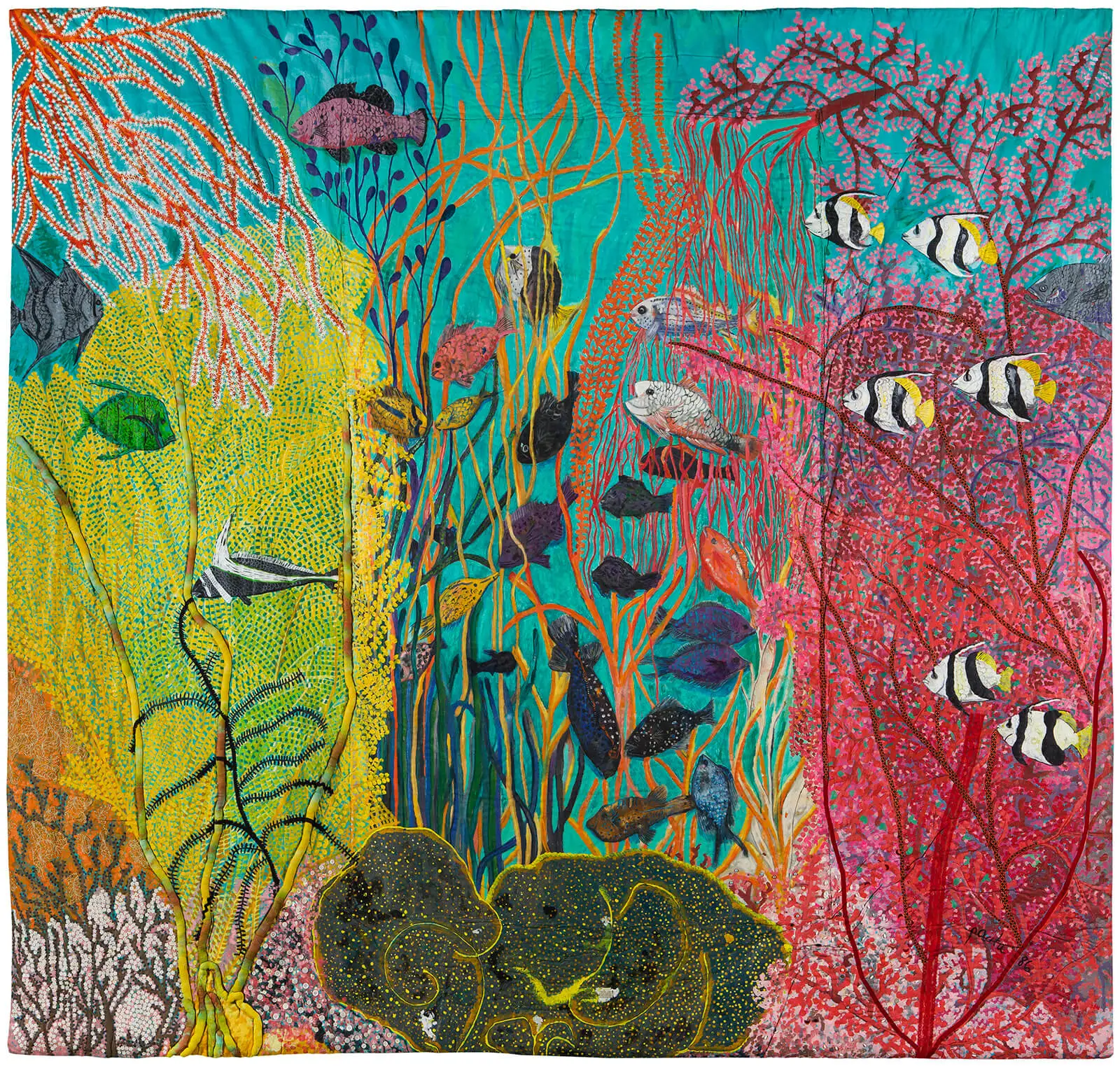 ‘Shallow Gardens of Apo Reef’, oil, acrylic, mirrors, plastic buttons, cotton yarn and rhinestones on stitched and padded canvas, 1986 | Pacita Abad | Pacita Abad | STIRworld