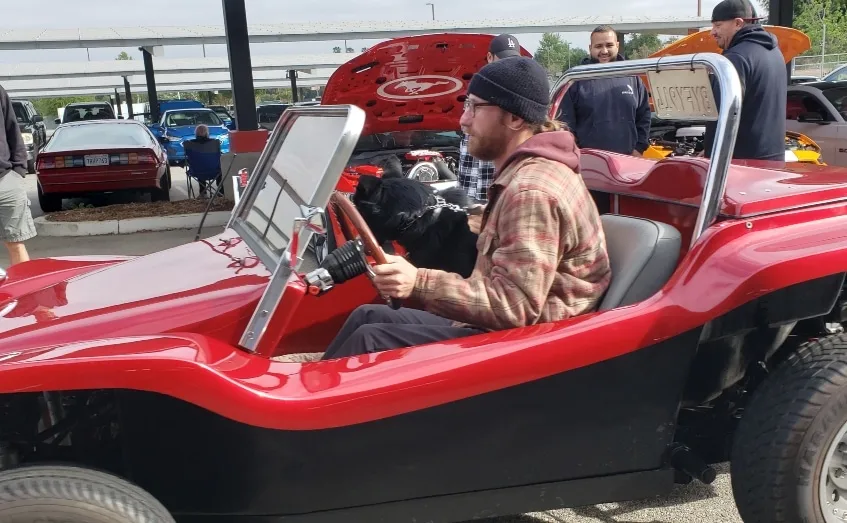 Supercar Sunday driver profile of red Meyers Manx driving with dog in passenger area