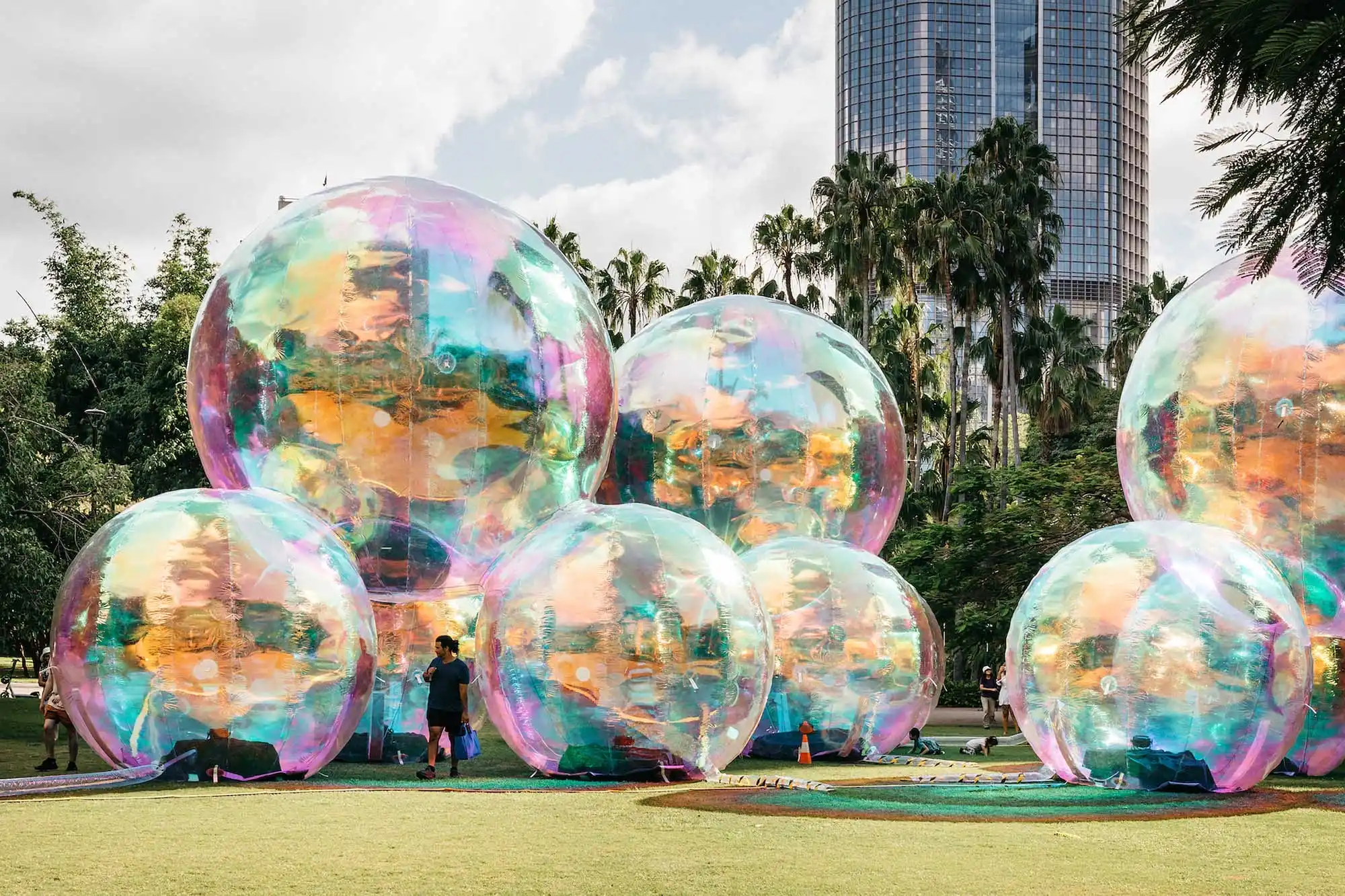 a collection of large iridescent bubbles