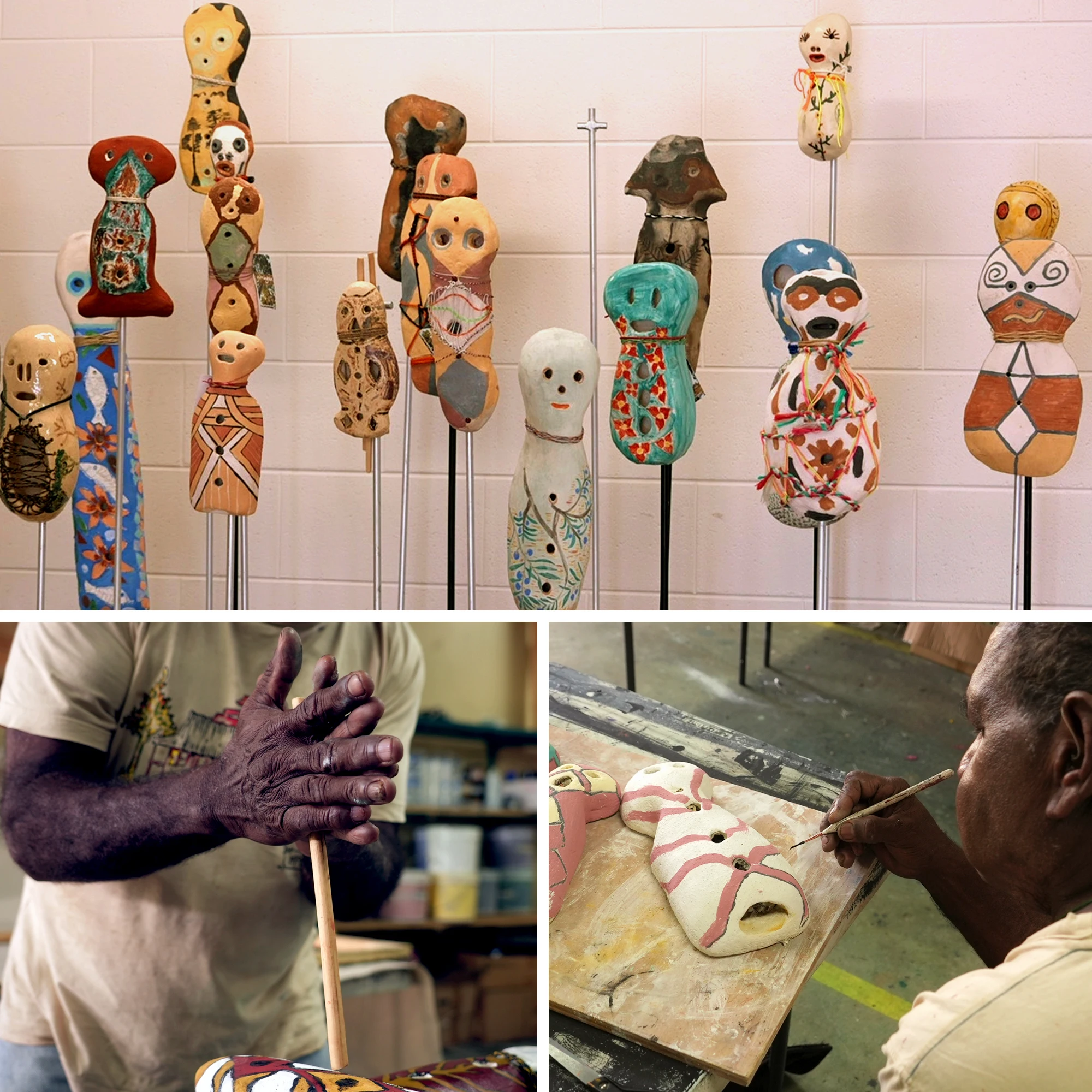 Three images showing a group of brightly coloured sculptures in a gallery, and a man making others.