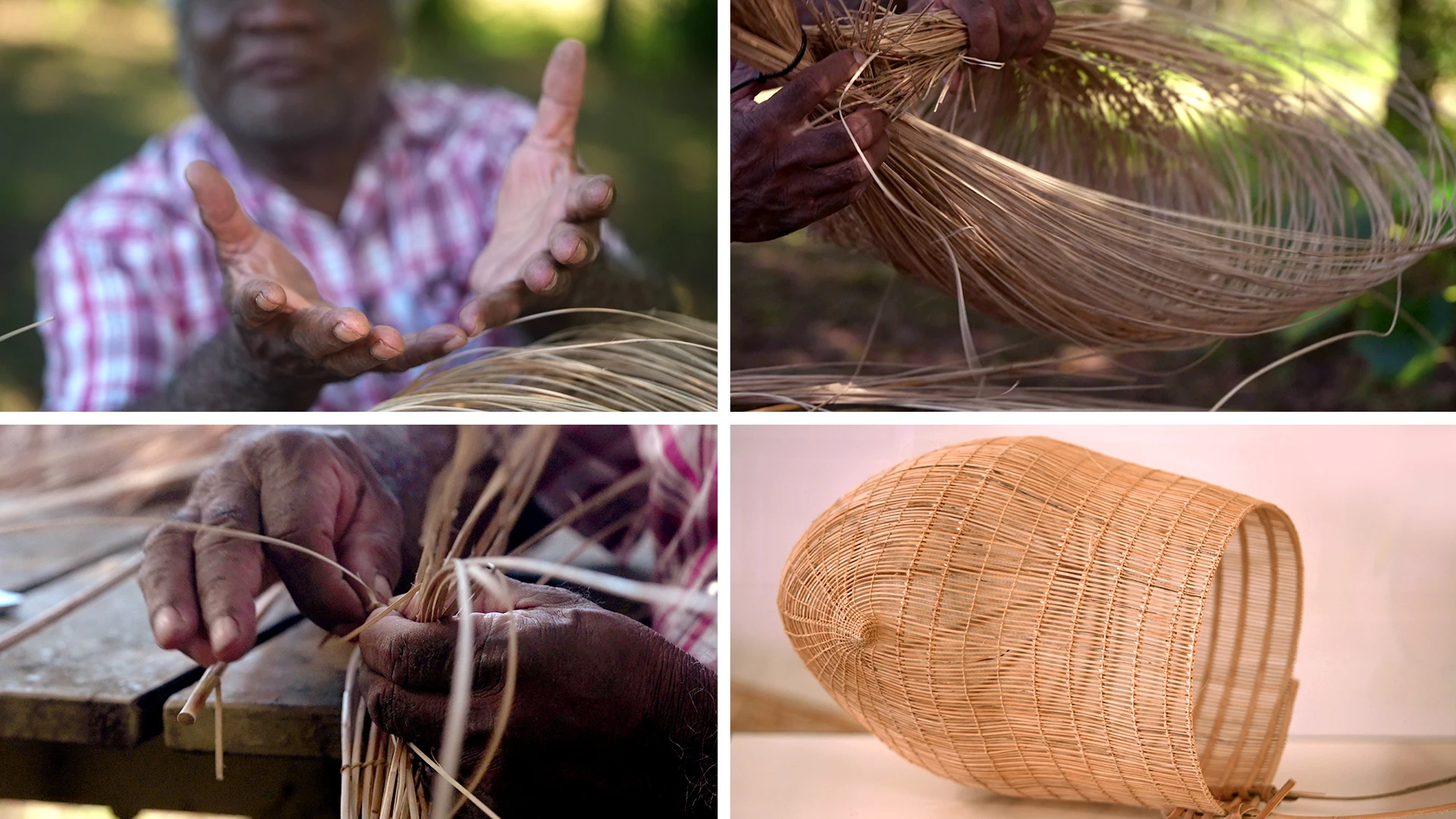 The hands of a man weaving baskets and a couple of finished baskets.