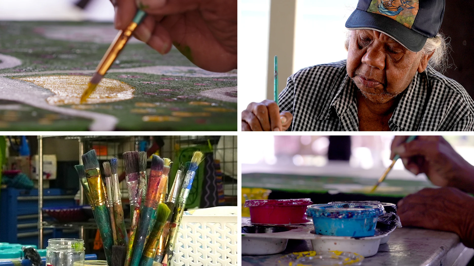 Several photos of an elderly Indigenous woman painting and her art supplies.