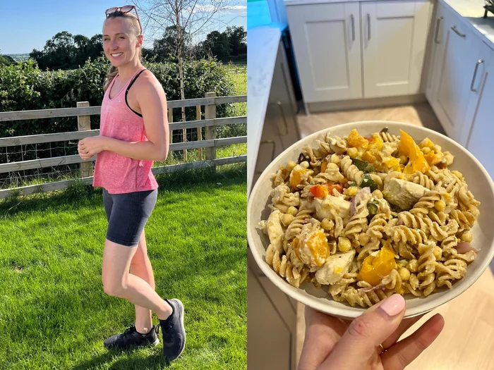 A composite image of Rachel Hosie standing in a garden, and feta chicken pasta.