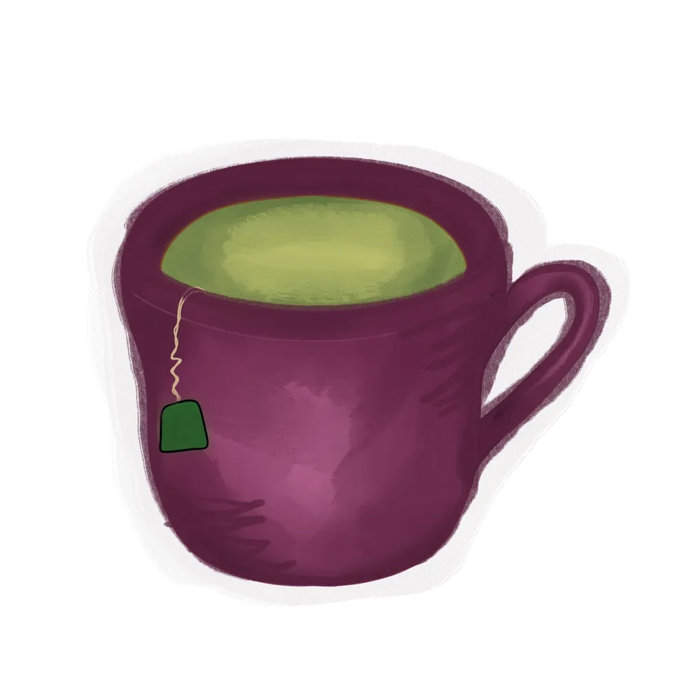 Illustration of a purple mug full of green tea