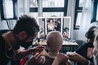 Demi Moore in the make-up chair on the set of The Substance