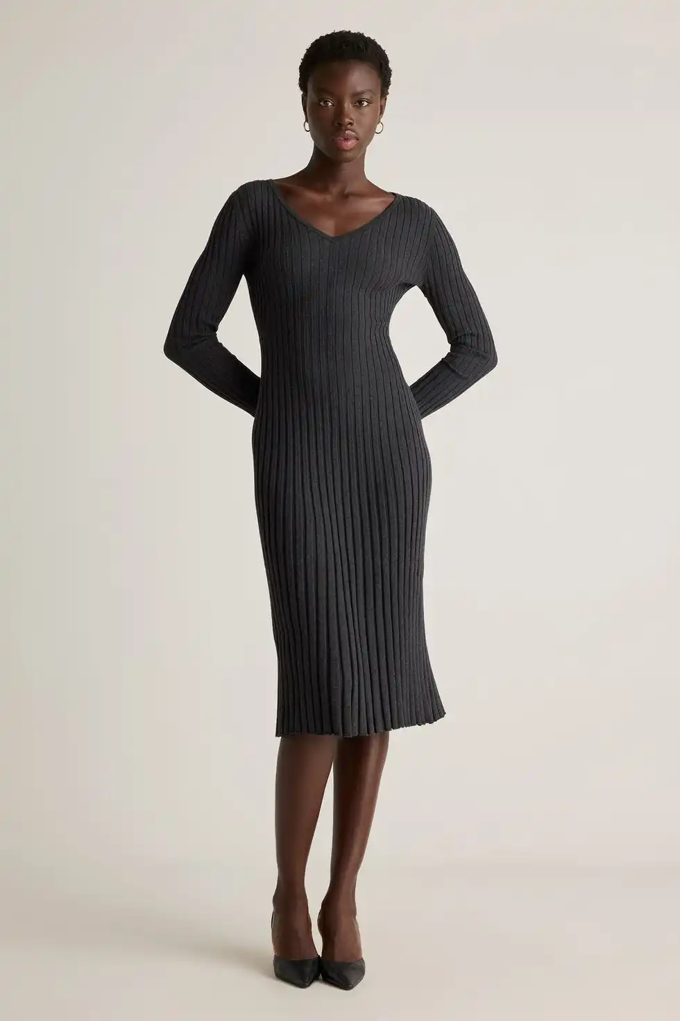 Cotton Cashmere Ribbed Long Sleeve V-Neck Midi Dress