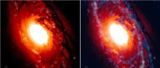 A side-by-side view of NGC 1386 in visible wavelengths (left), taken with the Hubble Space Telescope, and in radio (right), taken with the ALMA radio telescope. Both images highlight young star clusters where thousands of stars are being born. Dark wisps that are seen passing close to or ending in the star clusters are filaments ferrying star-forming material, such as molecular hydrogen.