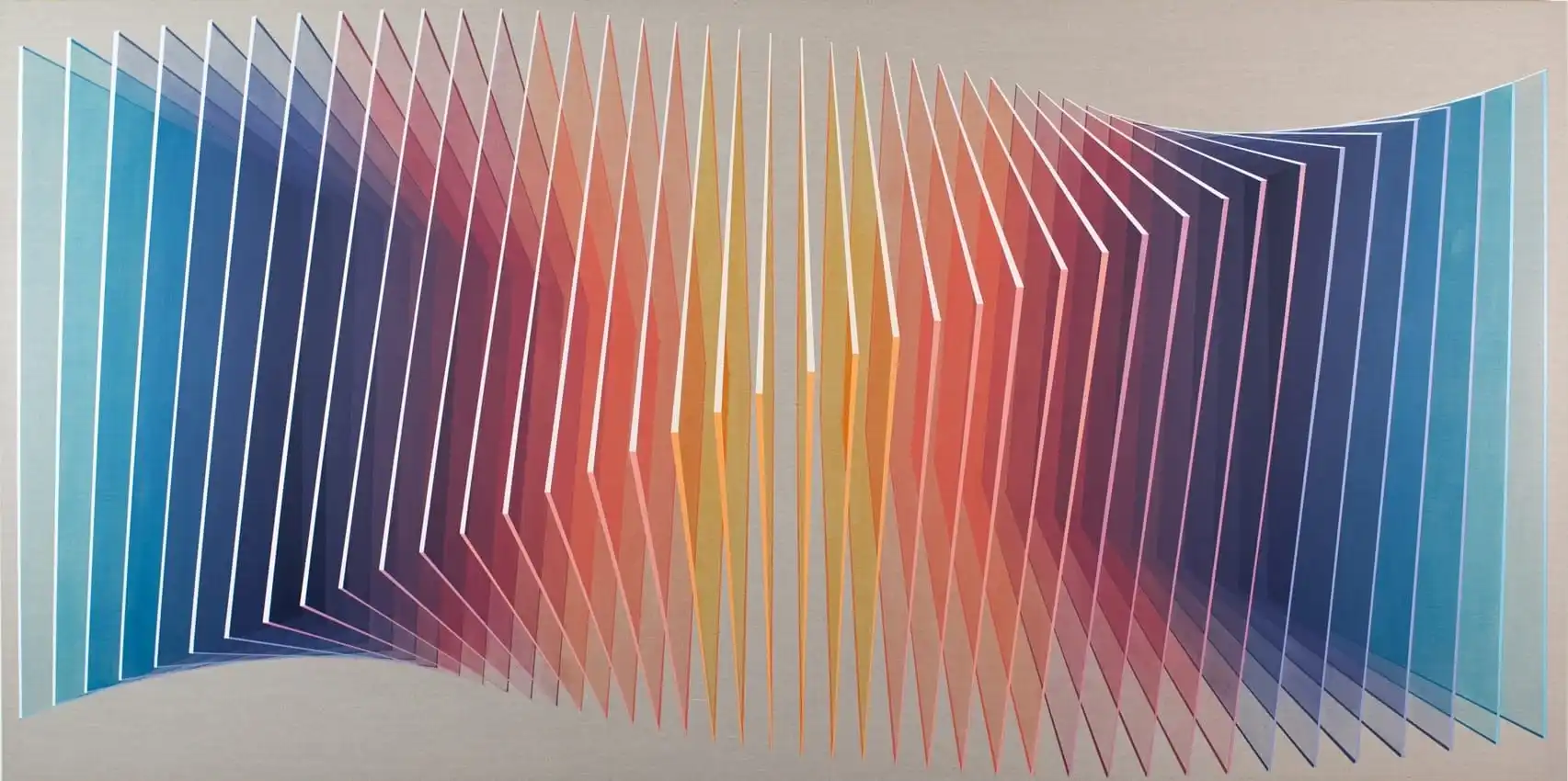 a colorful, geometric painting of numerous planes that appear to curve in a helix shape, connected through a gradient of color that moves from blue to violet to orange to yellow and back again