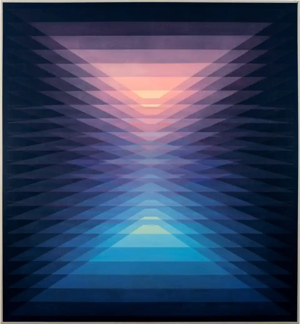 a geometric, abstract painting of numerous planes of color that move in a gradient from pink on top to blue at the bottom, on a black background, somewhat like a prism