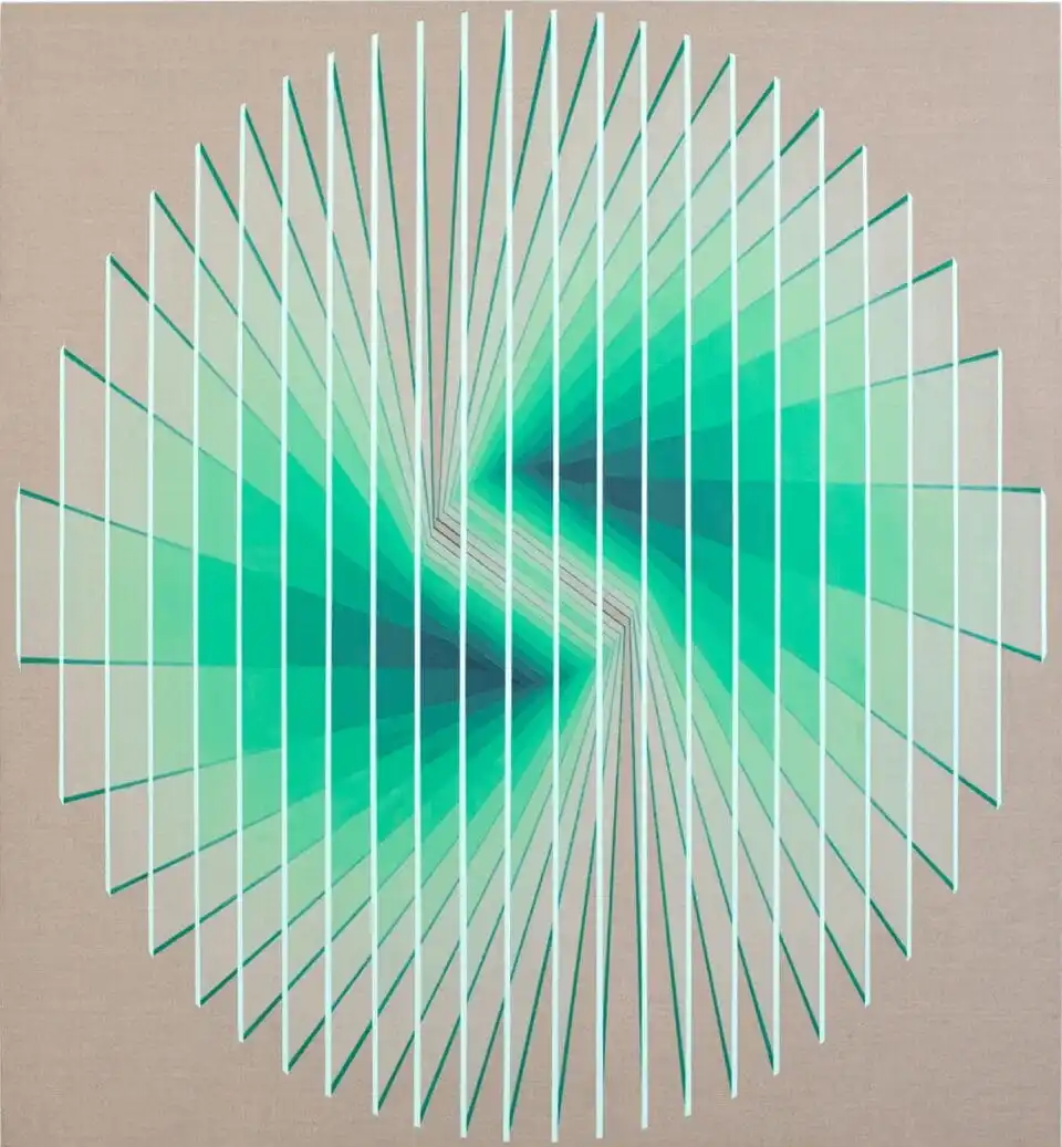 a geometric, abstract painting of numerous planes of color arranged in a fan shape with bright green in the center, on raw canvas