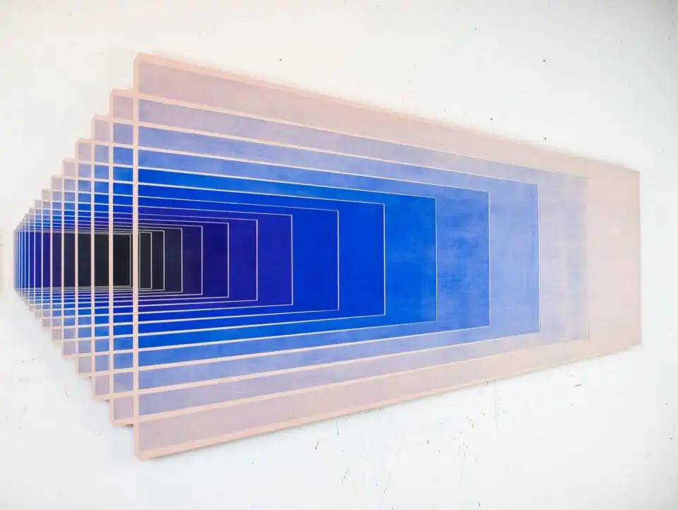 an abstract geometric painting with a shaped outline that appears like numerous clear planes layered to create a mirror or tunnel effect into the distance, turning blue