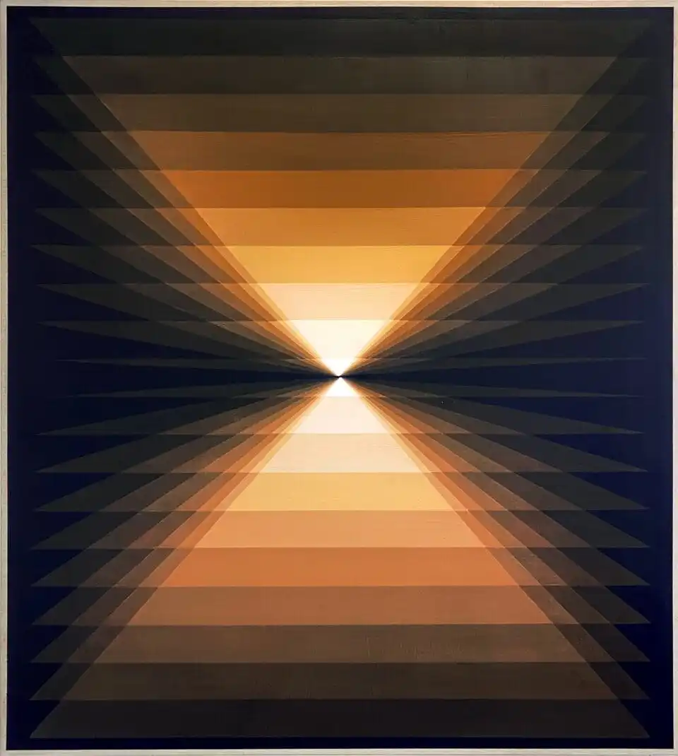 a geometric, abstract painting of numerous planes of bright orange and yellow, on a black background, somewhat like a prism