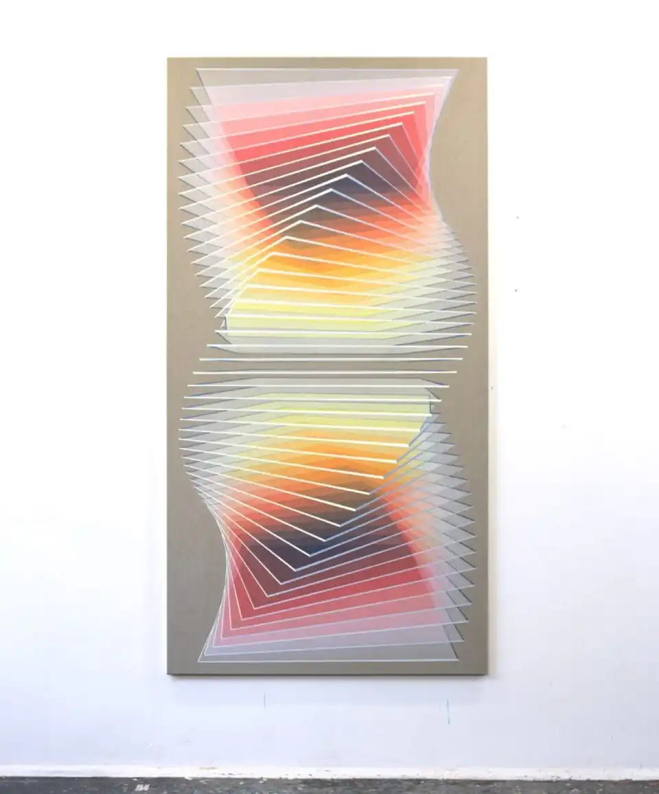 a colorful, geometric, vertical painting of two series of numerous planes that appear to curve in helix shapes, connected through a gradient of color that moves from white to yellow to orange to pink to purple