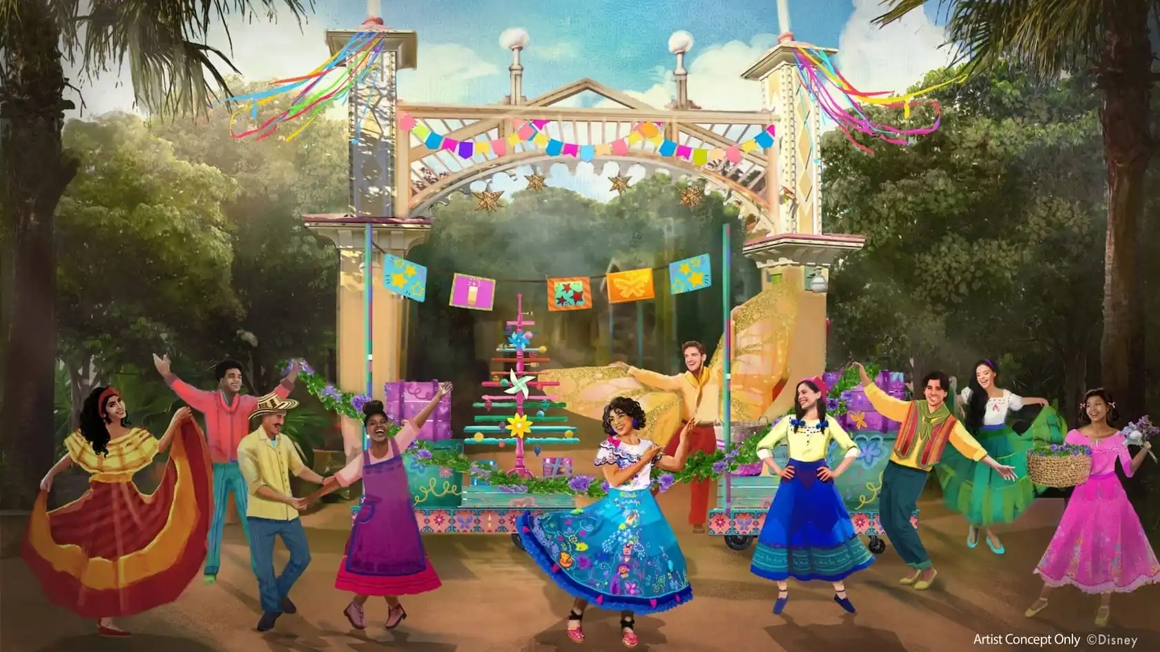 A colorful group of people in festive attire dance joyfully near a vibrant altar, surrounded by greenery and flags under a decorated archway, celebrating Mirabel's gifts of the season.