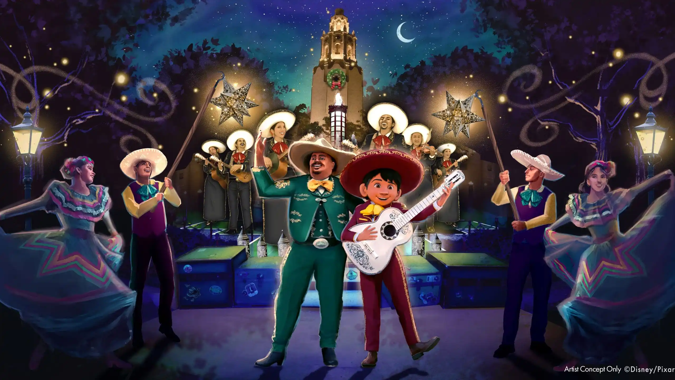 A colorful celebration scene unfolds with musicians and dancers in traditional Mexican attire under a starlit night sky at Disney California Adventure. Two central figures, part of Mariachi Alegría, hold guitars, surrounded by festive decorations and lights during the Musical Christmas event.