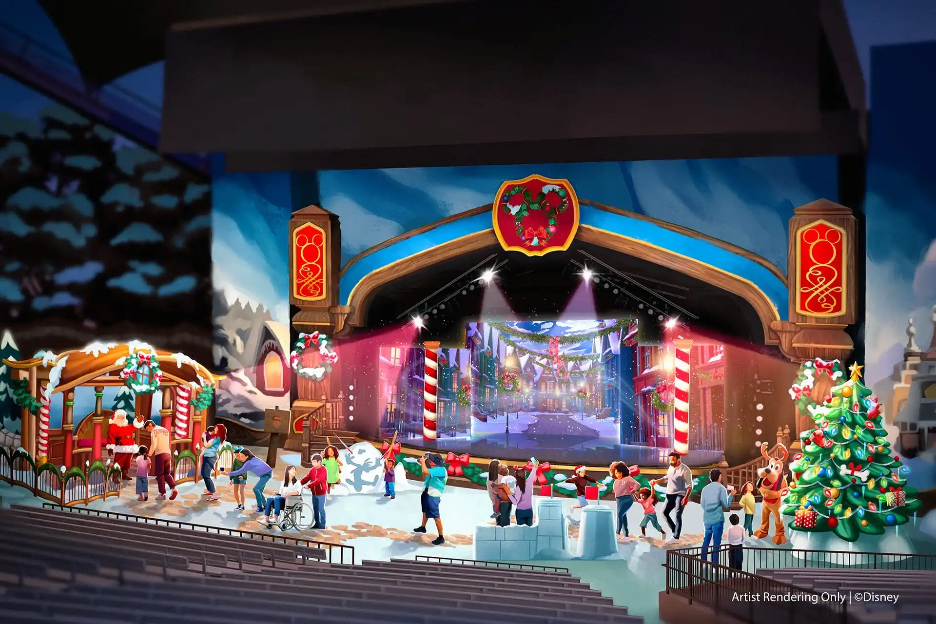 Artist's rendering of a vibrant holiday-themed indoor theater reminiscent of Disneyland, with a festive stage, decorations, and an animated winter scene, featuring people interacting with the snow-themed display.