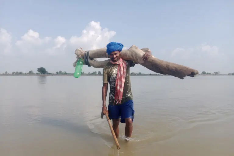 A man carries a log from Kosi river in Nepal's Saptasari district after the floods. Image by Rahul Singh.