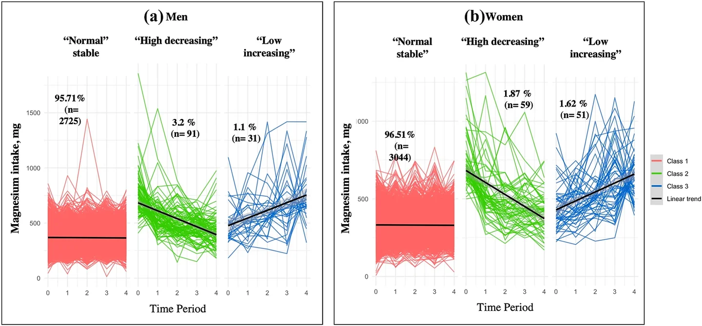 Dietary Mg intake trajectories in men and women corresponding to different subgroups of individuals identified by latent class analysis. Note: “Time” is the number of waves across 16 months.