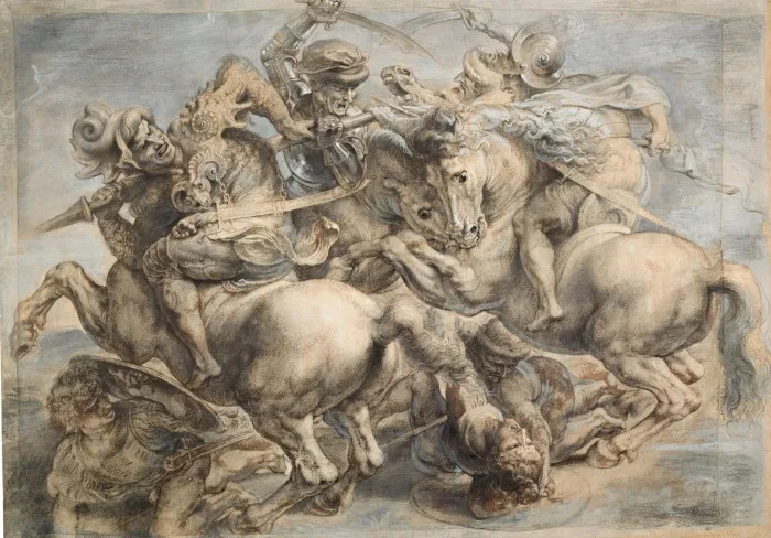 A sketch depicting a battle with rearing horses and soldiers fighting one another