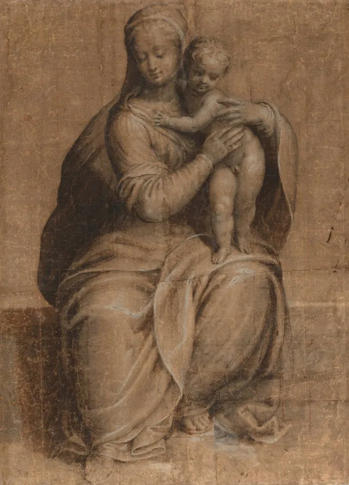 A sketch of the virgin mary embracing an infant 